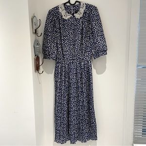 Vintage 80s Peter Pan Collar Lace Floral Pleated Dress Size 10
